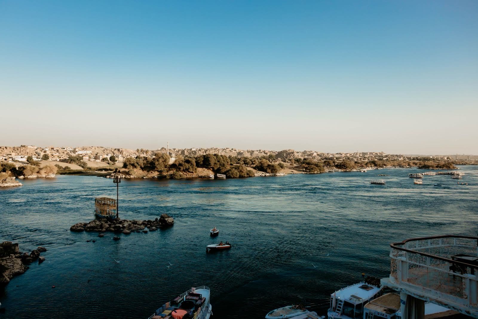 Nile cruise route near Aswan with river and desert views